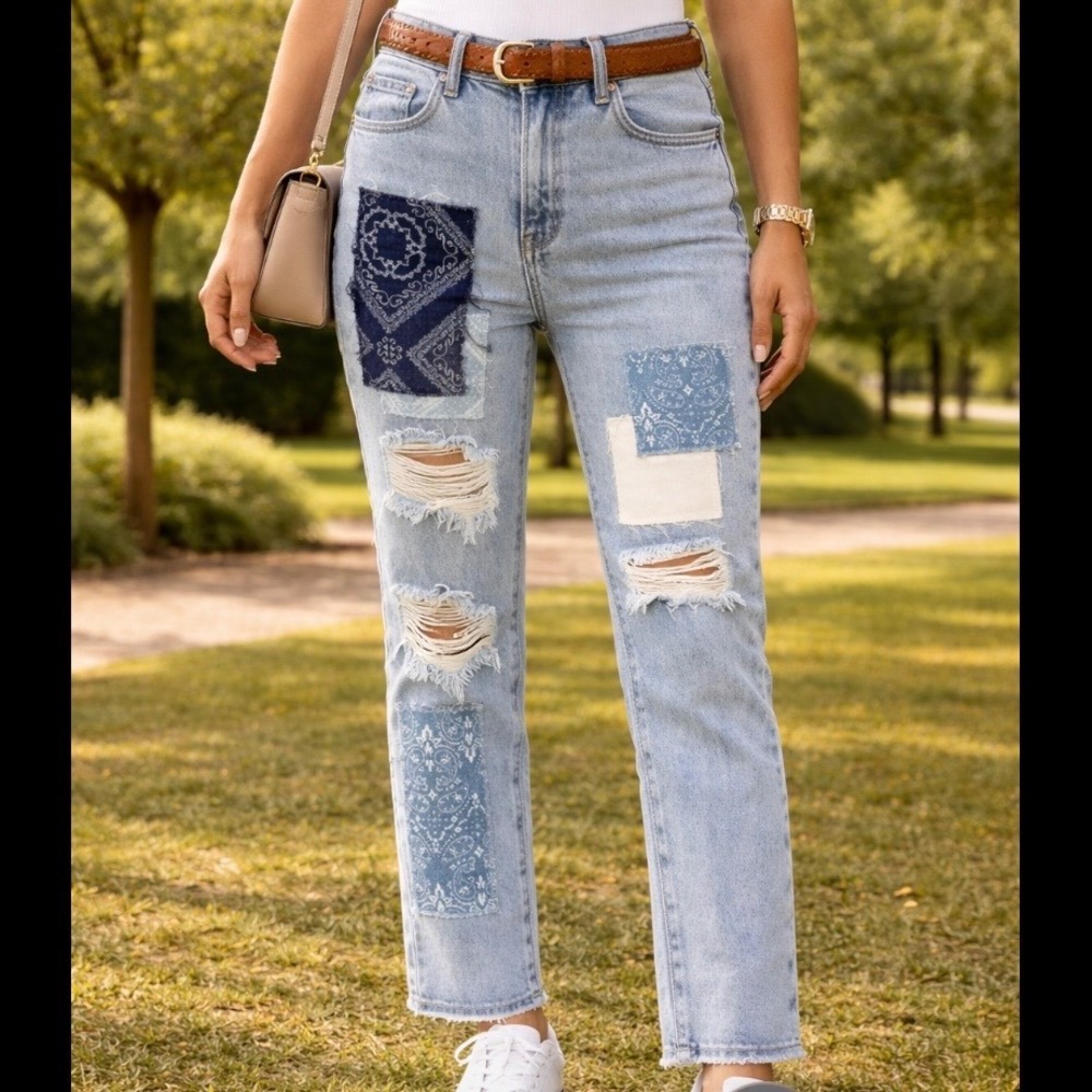 Simple Society Womens Patchwork Distressed Straight Leg Jeans‎ Light Wash Size 1